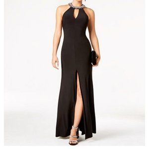 B.Darlin Long Black Evening Dress With Rhinestone Collar,Size 7/8